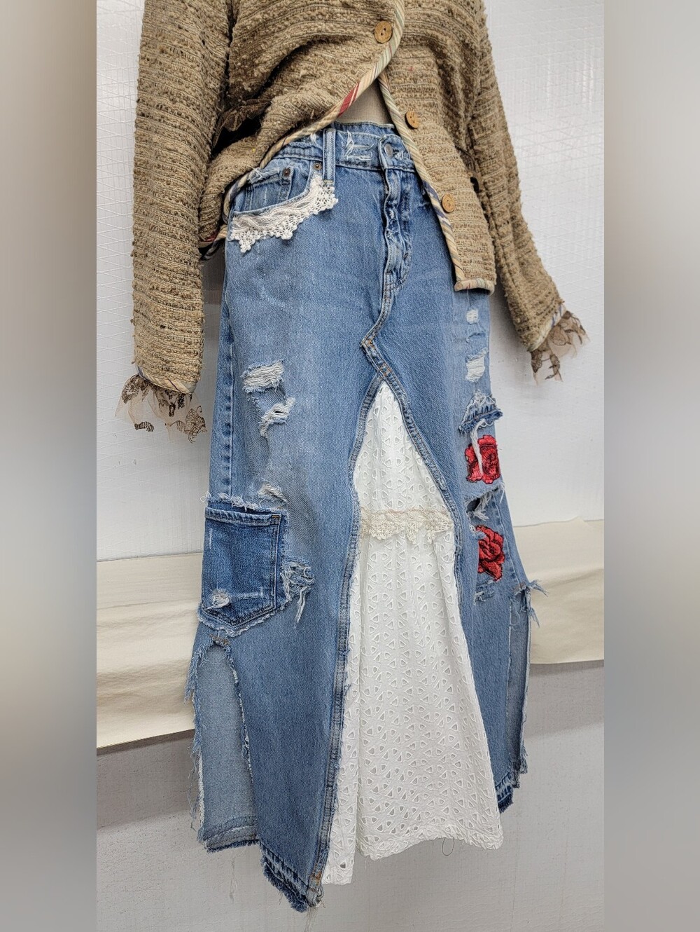 Upcycled Levi's Maxi Skirt - Shabby Chic Hippie -  Cottage Grunge